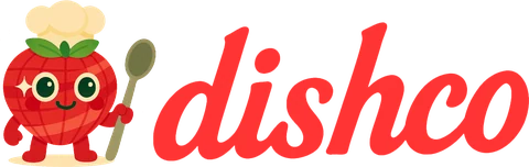 Dishco logo: a tomato chef mascot holding a spoon next to the dishco wordmark