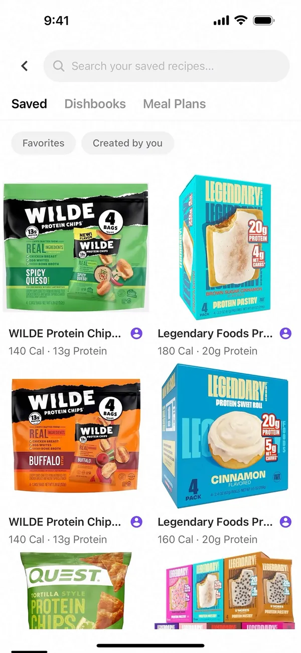 Dishco app screenshot: the Saved tab listing saved foods such as WILDE Protein Chips and Legendary Foods protein pastries, each with calories and protein